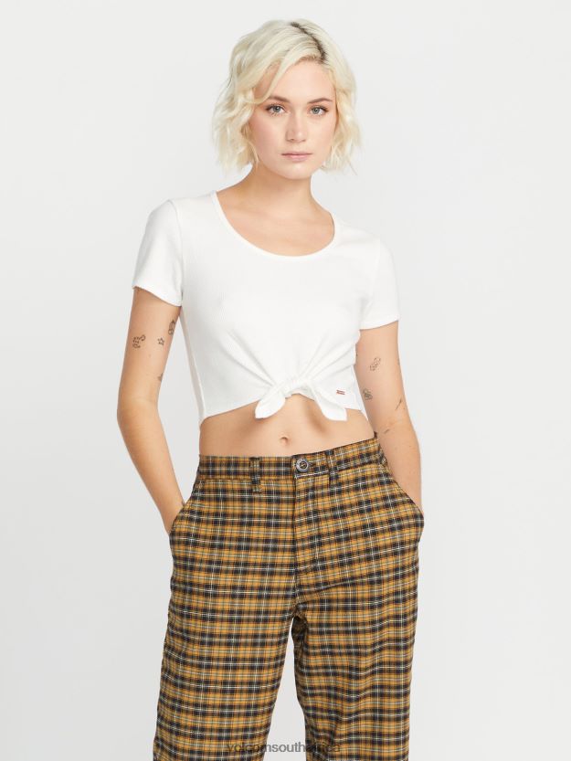 Z0ZR08792 Star White Women Lived in Lounge Rib Tie Front Short Sleeve Shirt Volcom Clothing - Image 2